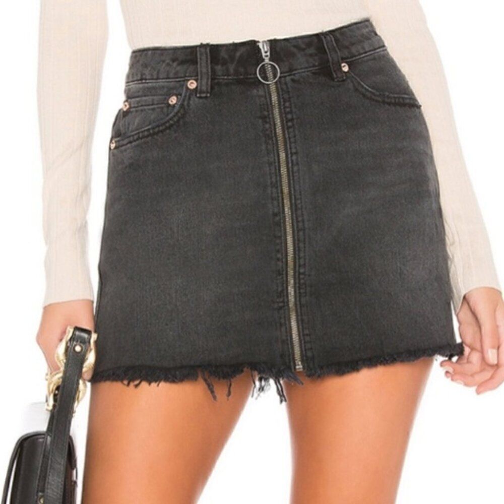 We the free zip it up black raw hem denim mini skirt size 26 EUC